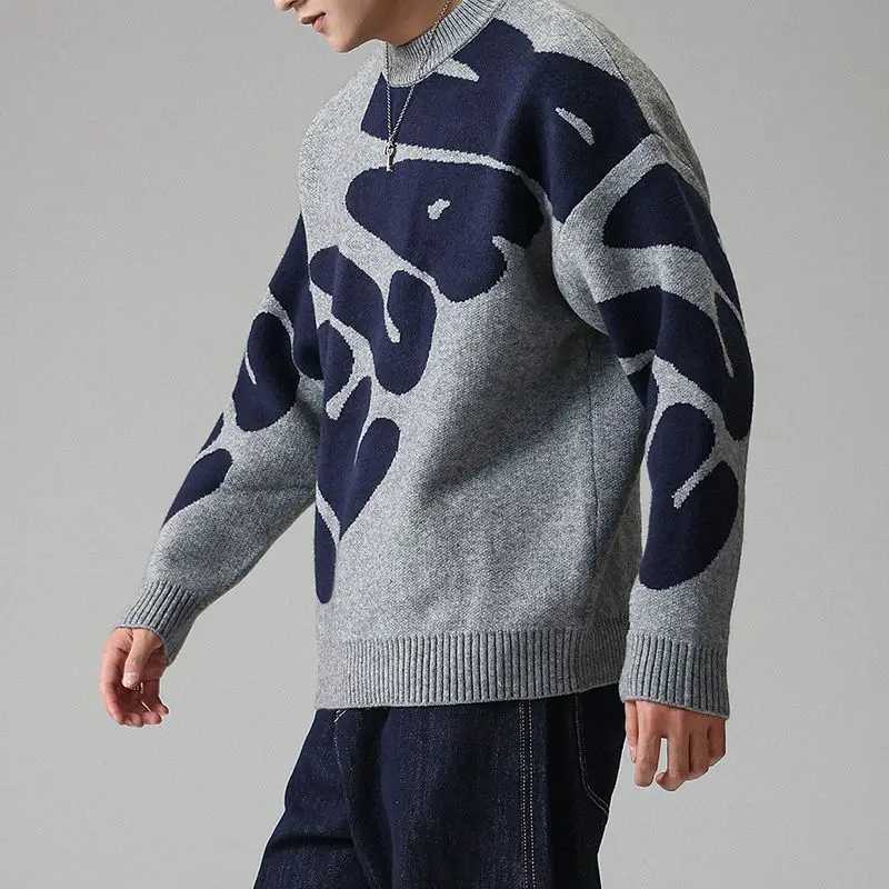 Fashion American Streetwear Grey Blue Abstract Jacquard Crew Neck Sweater Men Women Couple Loose Casual Knit Jumper Autumn Winter Y251110