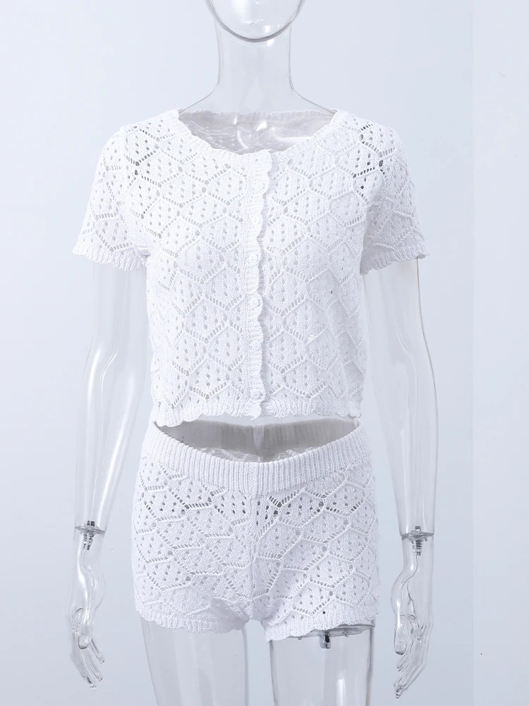 Sexy Knitted Beach Set Womens Ultra Thin O-Neck Short Sleeve Hollow Top Womens Spring/Summer Holiday Set 2-piece Set 250409