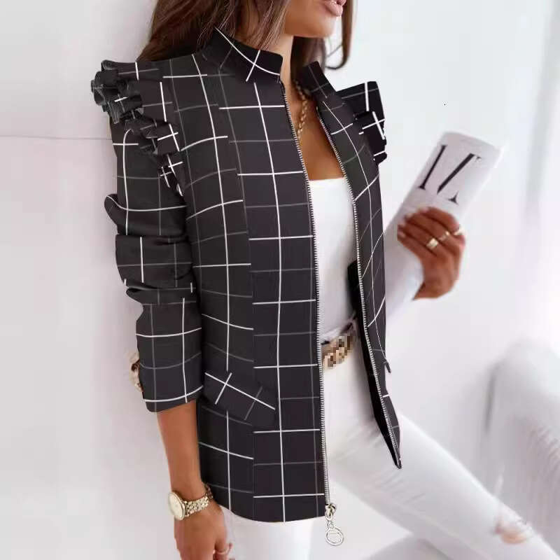 2025 Independent Station Wish Amazon Hot Item Autumn Winter Ruffled Long Sleeve Zipper Printed Blazer Jacket for Women