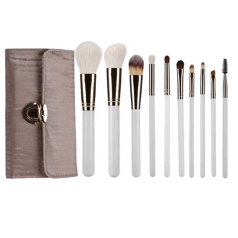 10 Piece Wool Makeup Brush Set With Wood Handles Powder Brushes Professional Full Face Makeup Tools Kit For Salon And Home L251110