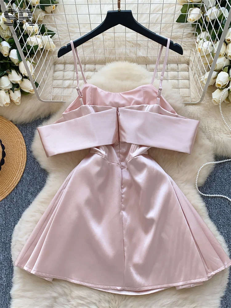 SINGREENY Birthday Party Satin Dress Womens Sleeveless Shoulder Zipper Body High end Sexy Fashion Bow Mini Dress 250403