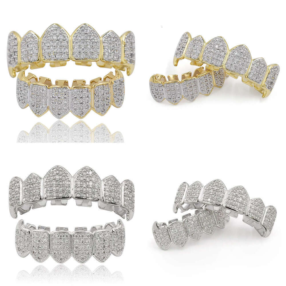 Hip Hop Iced Out CZ Mouth Teeth Grillz Caps Top Bottom Grill Set Men Women Vampire Grills