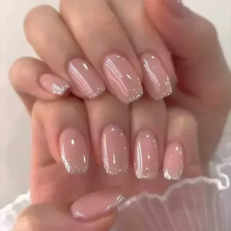 24pcs Medium Short Square Fake Nail Sparkling Nail Art White Wearable Fake Nail Silver French Full Cover Pressing Nail Tip W250410