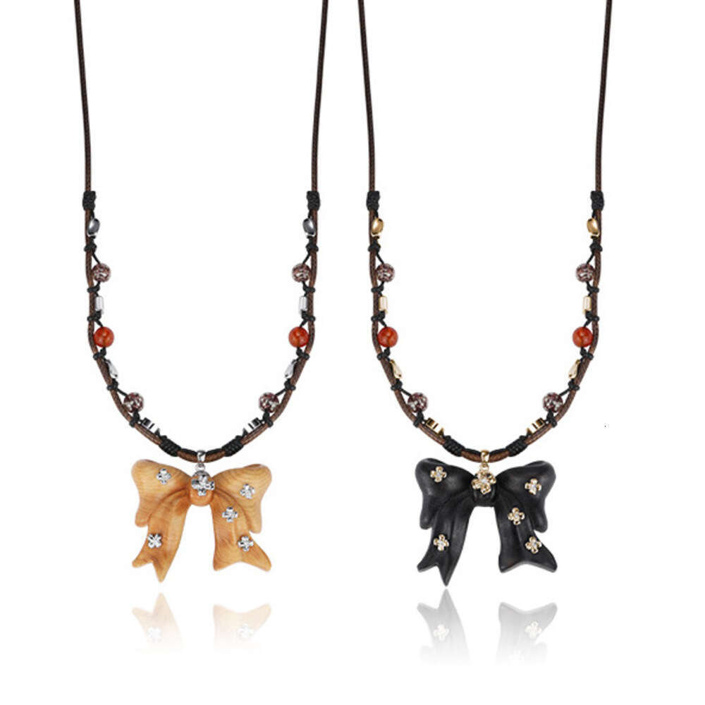 Milad Wooden Bow Pendant Necklace Women, Autumn and Winter Original Design, Light Luxury Niche High-end Sweater Chain for Women