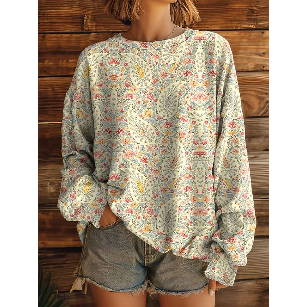 Women's Scottish Plaid Paisley Print Sweatshirt Soft Pastel Multi-Color Floral Design Pink/Blue/Yellow/Red/White - All-Season Crew Neck Casual Sw