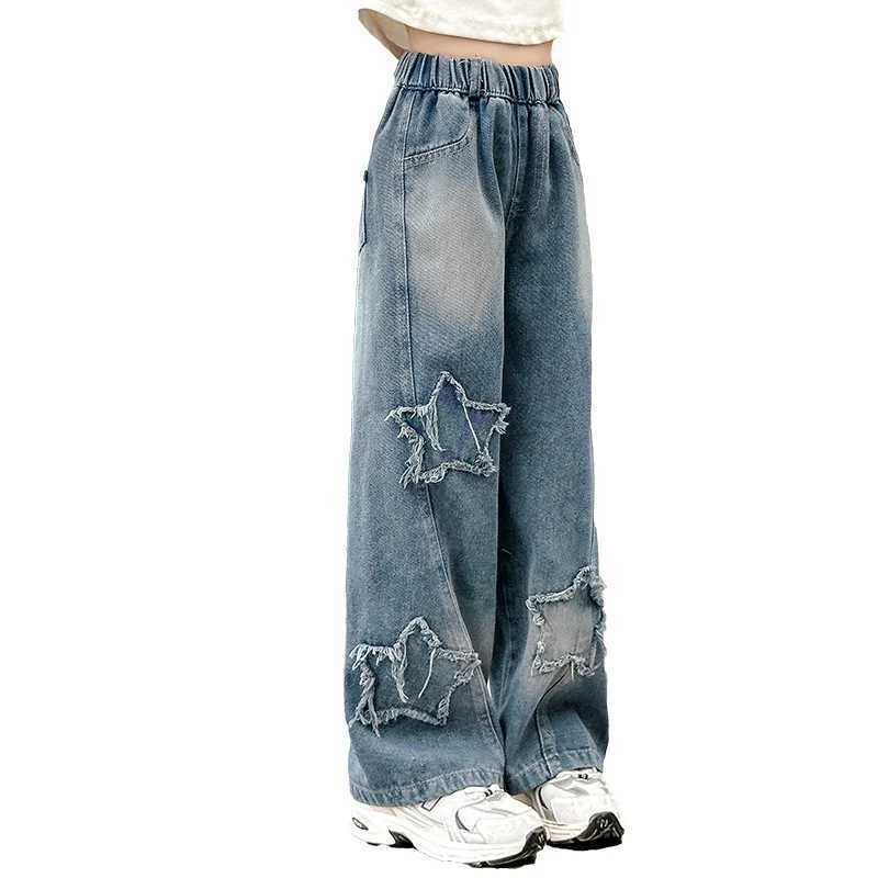 Hot Sale Teens School Trousers Spring Star Design Casual Loose Jeans for girl Elastic Waist Fashion kids Straight Pants C251110