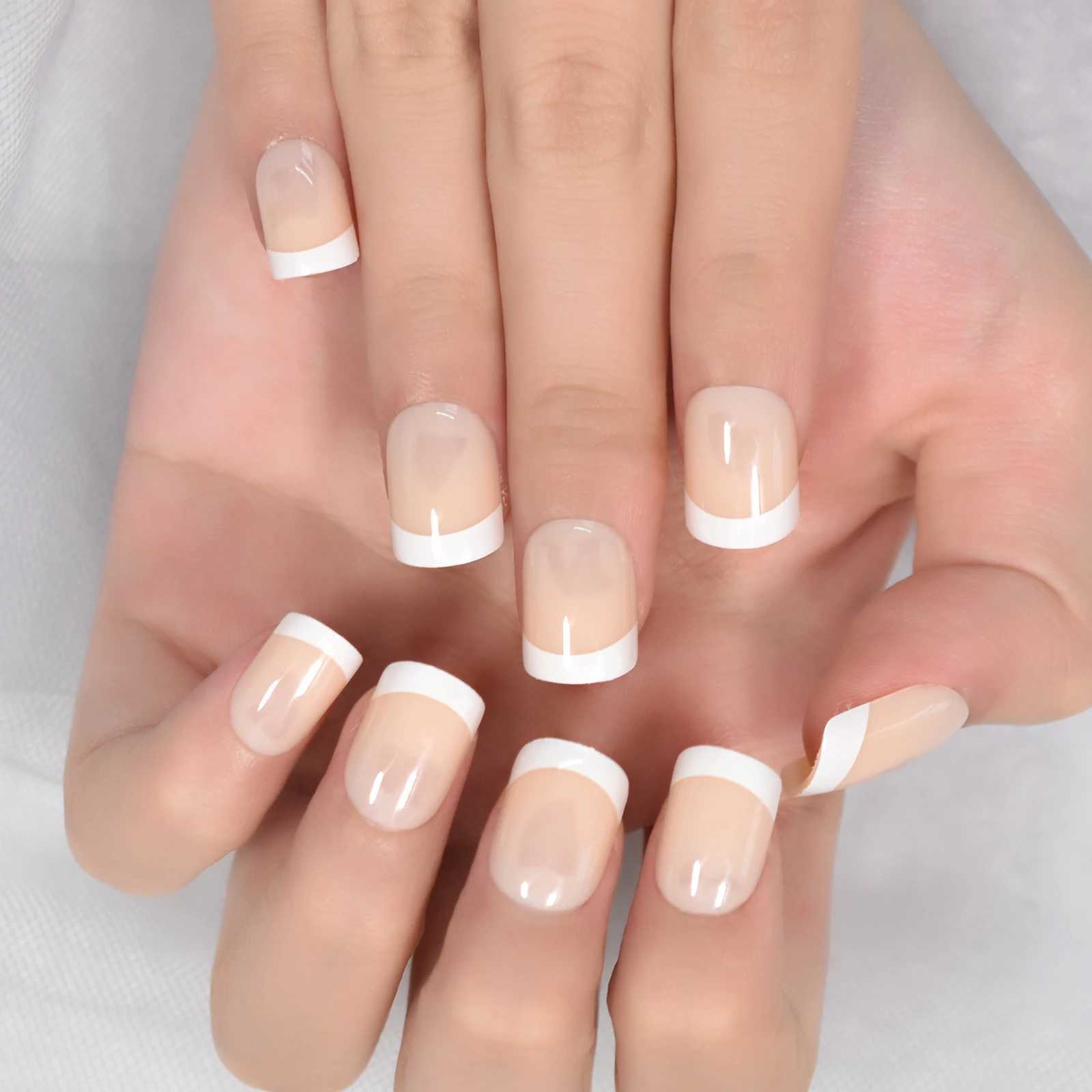 French style fake nails natural nude white pointed glossy pressed finger nail art handmade beauty set with multiple styles to choose from W250410