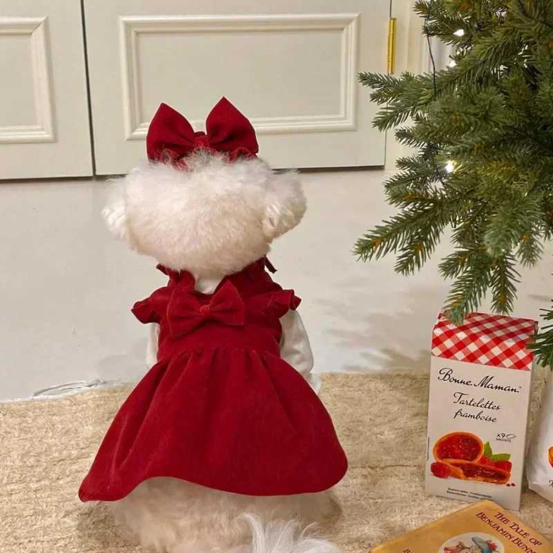 Puppy Bow Knot Dress Set Winter Warm Dog Clothes Pet Christmas Princess Dress Teddy Solid Color Skirt Send Clip J251110