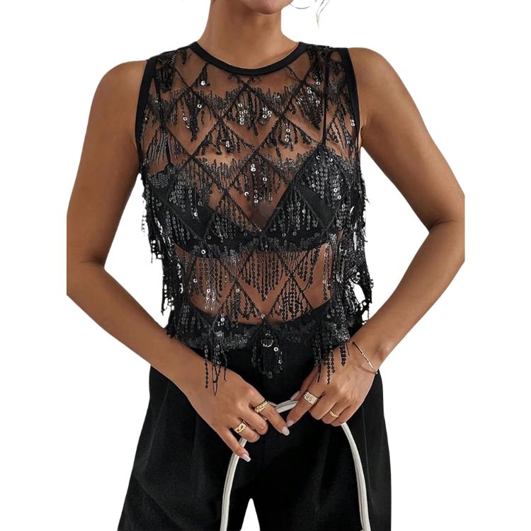 Fashionable Sexy Sleeveless Women's Tank Tops - Sheer Mesh Design w/Fringe Embellishments---D240