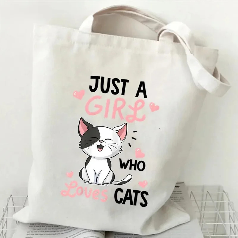 Womens Canvas Shoulder Bag Just A Girl Who Loves Cats Print Shopping 2024 Student Animal Tote Bags Cartoon Kitten Handbag 251110
