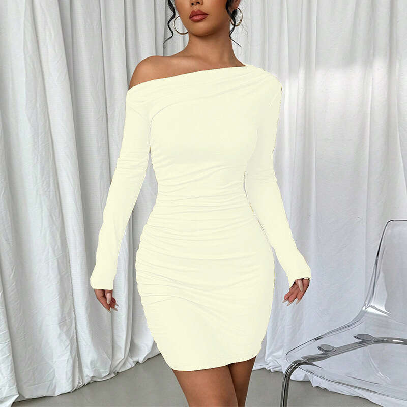 Cross-Border Foreign Trade INS European and American Solid Color Slim 2025 Autumn New Style Asymmetrical Shoulder Long Sleeve One-Step Dress Women