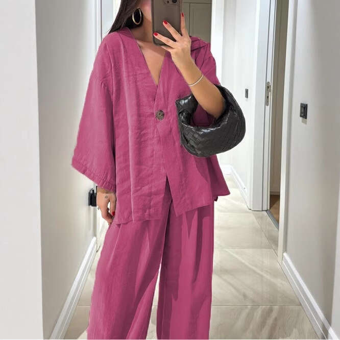 2025 European American Independent Station New Cross-Border Fashion Loose Women's V-Neck Top and Wide-Leg Pants Casual Set