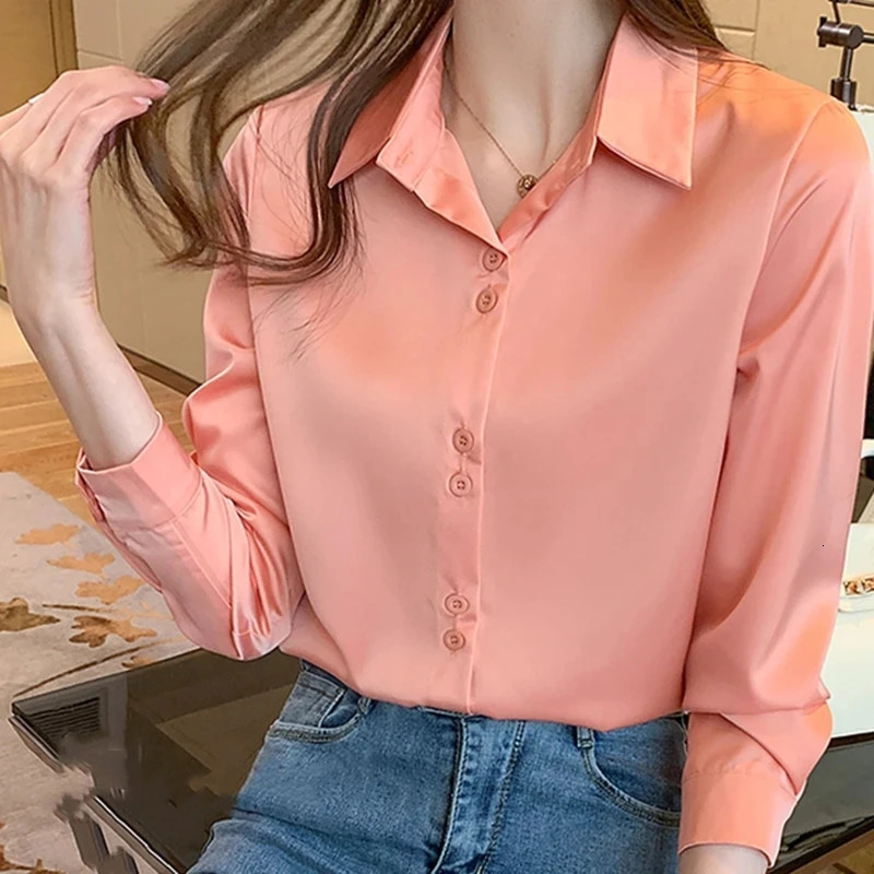 Womens silk shirt V-neck solid lace top womens spring fashion satin long sleeved shirt button white OL retro top 250409