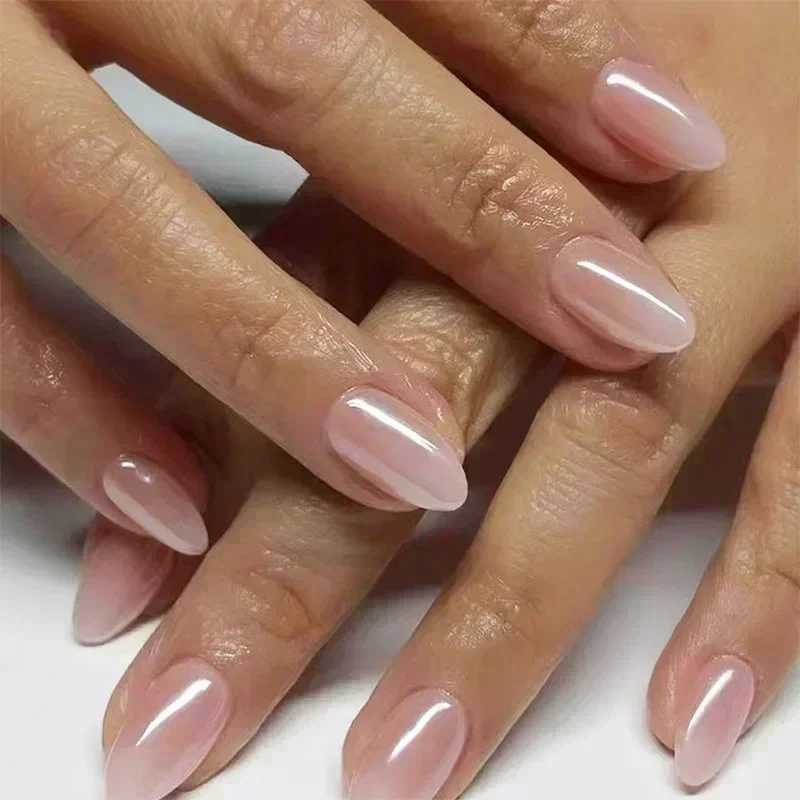 24Pcs silver gradient almond fake nails simple with French design wearable fake nails nail tip full cover press W250410