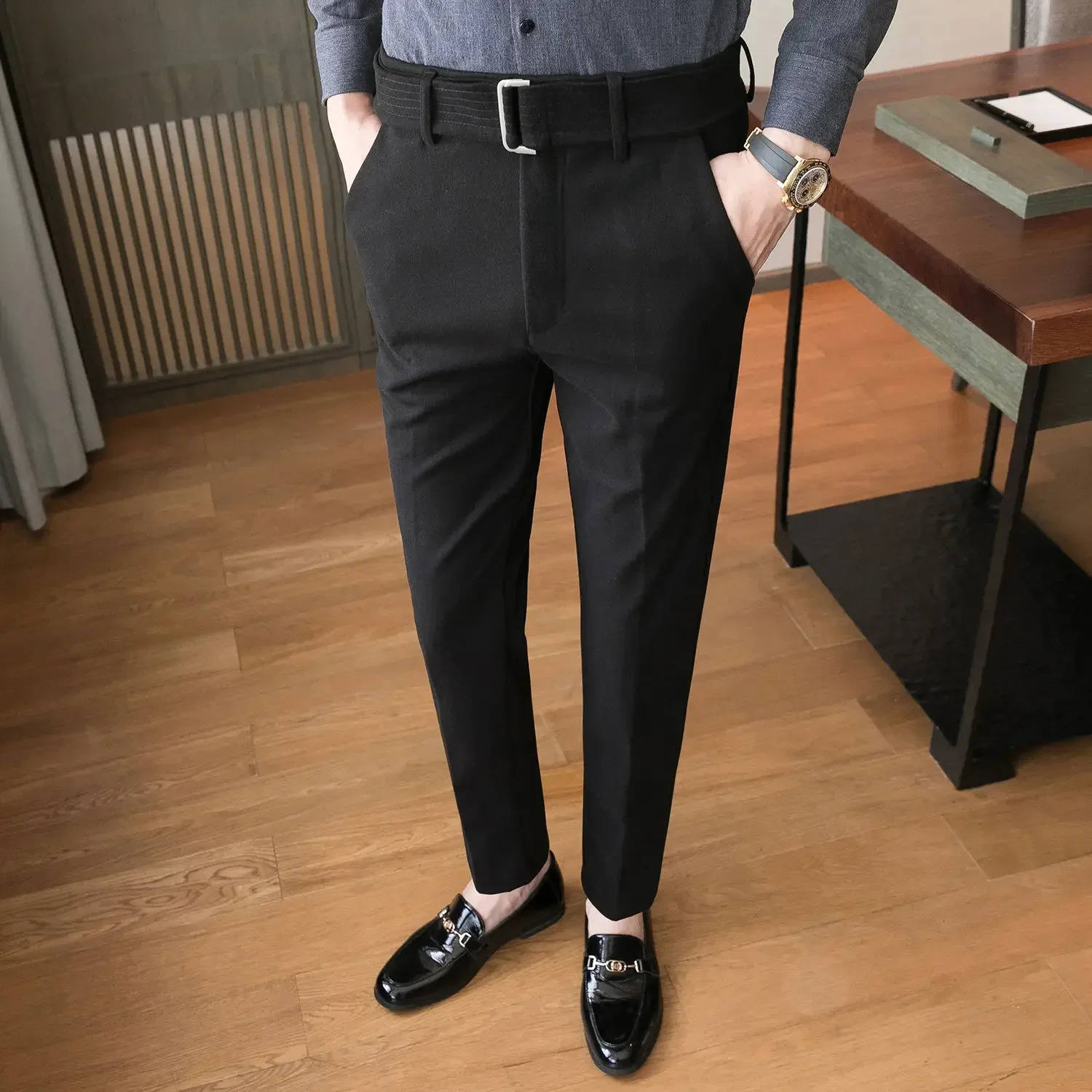 Business Man Suits Pants Social Tailoring Elastic Stretch Trousers for Men Slim Fit Tressed Straight Up Dress Chinese Homme Fine 251110