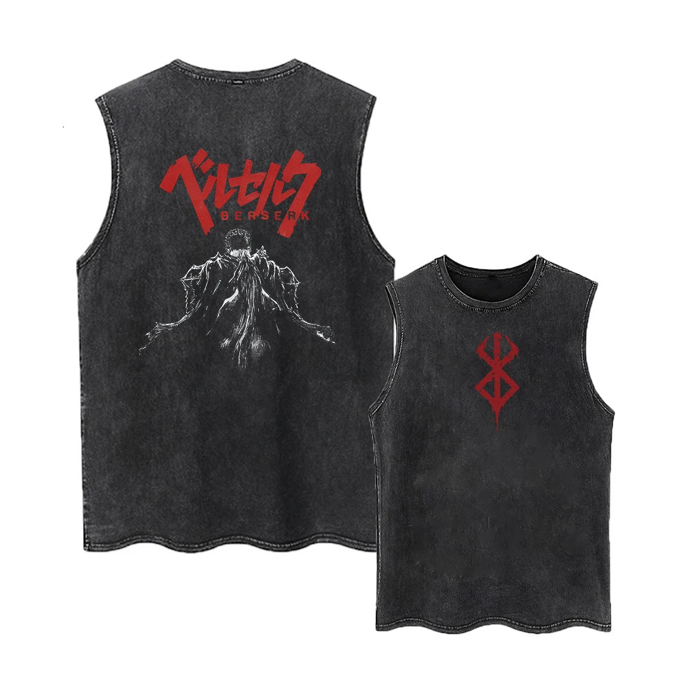 Anime Printed Washed Vest Retro Sports Fitness Casual Short-Sleeved Loose Large Size Summer 250409