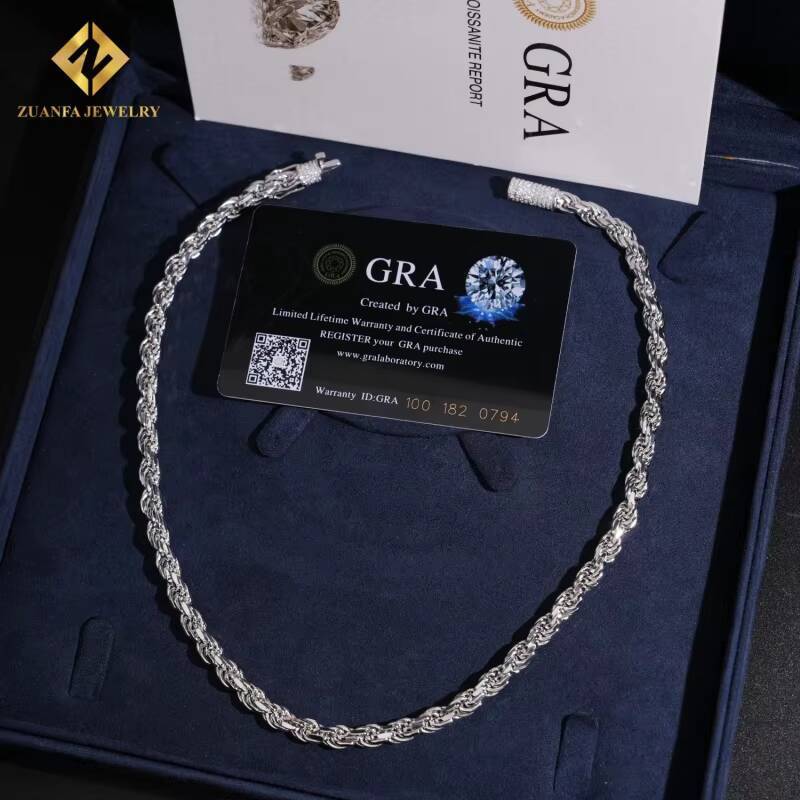 Fashion Hip Hop Style 6mm Rope Chain 925 Sterling Silver VVS1 Moissanite Cuban Link Chain Necklace Pass Diamond Tester with GRA