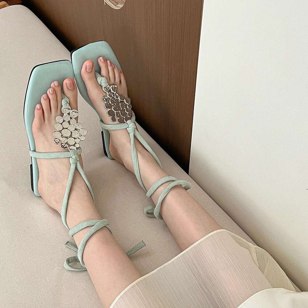Woman Sandals Summer Square Toe Sandals Metal Low Heel Flat Roman Sandals With Fairy Style Cross Straps Beautiful Women S Shoes