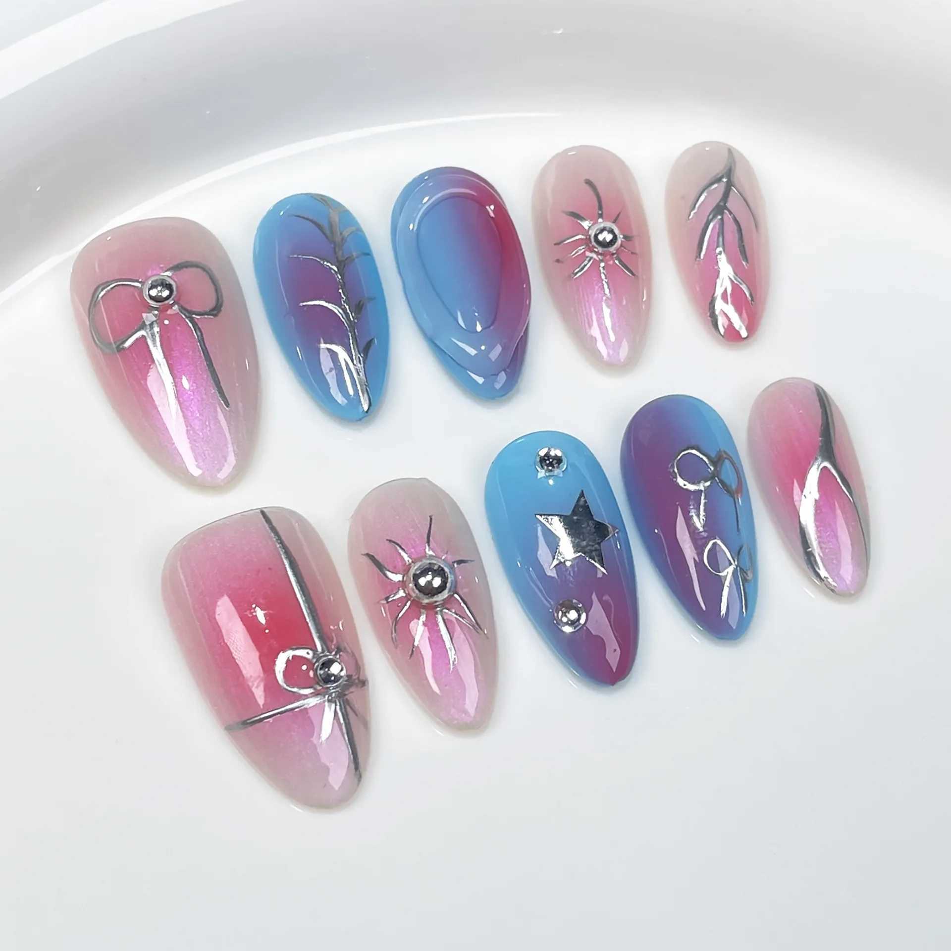 0 pieces of blue powder blusher halo embossed wave false nails Metal bow sweet hand almond pressed on nails W250410