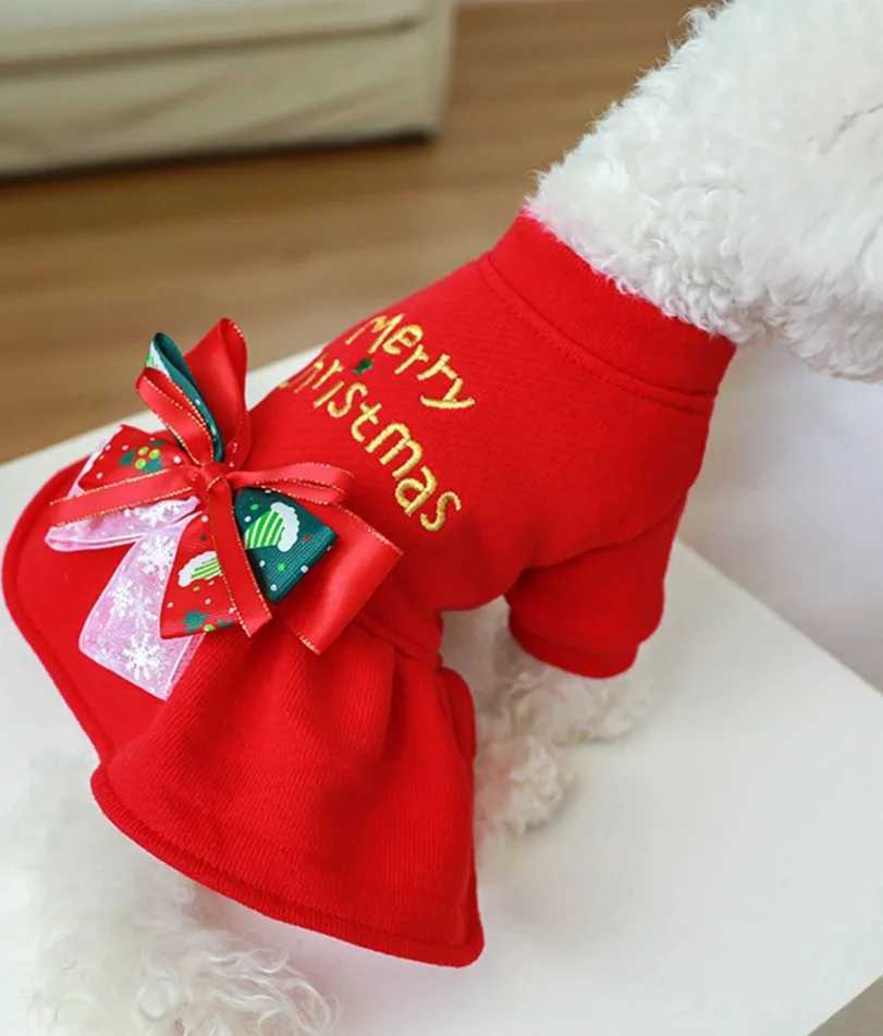Christmas Dog Princess Dress Autumn Winter Warm Fleece Skirt Christmas Elements Bow Tie Dress Up Small Dog Cosplay Costume J251110