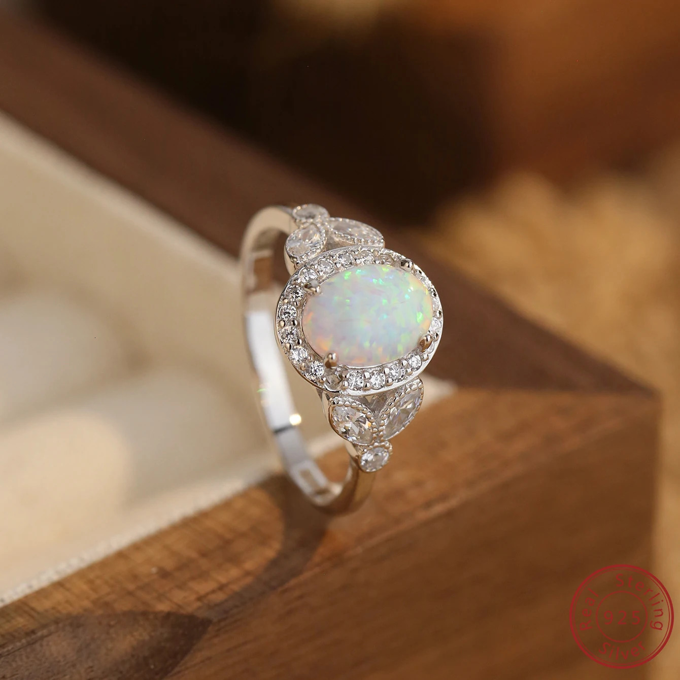 925 sterling silver womens ring with sparkling white opal and zircon elegant style suitable for engagement or couple dates 250407