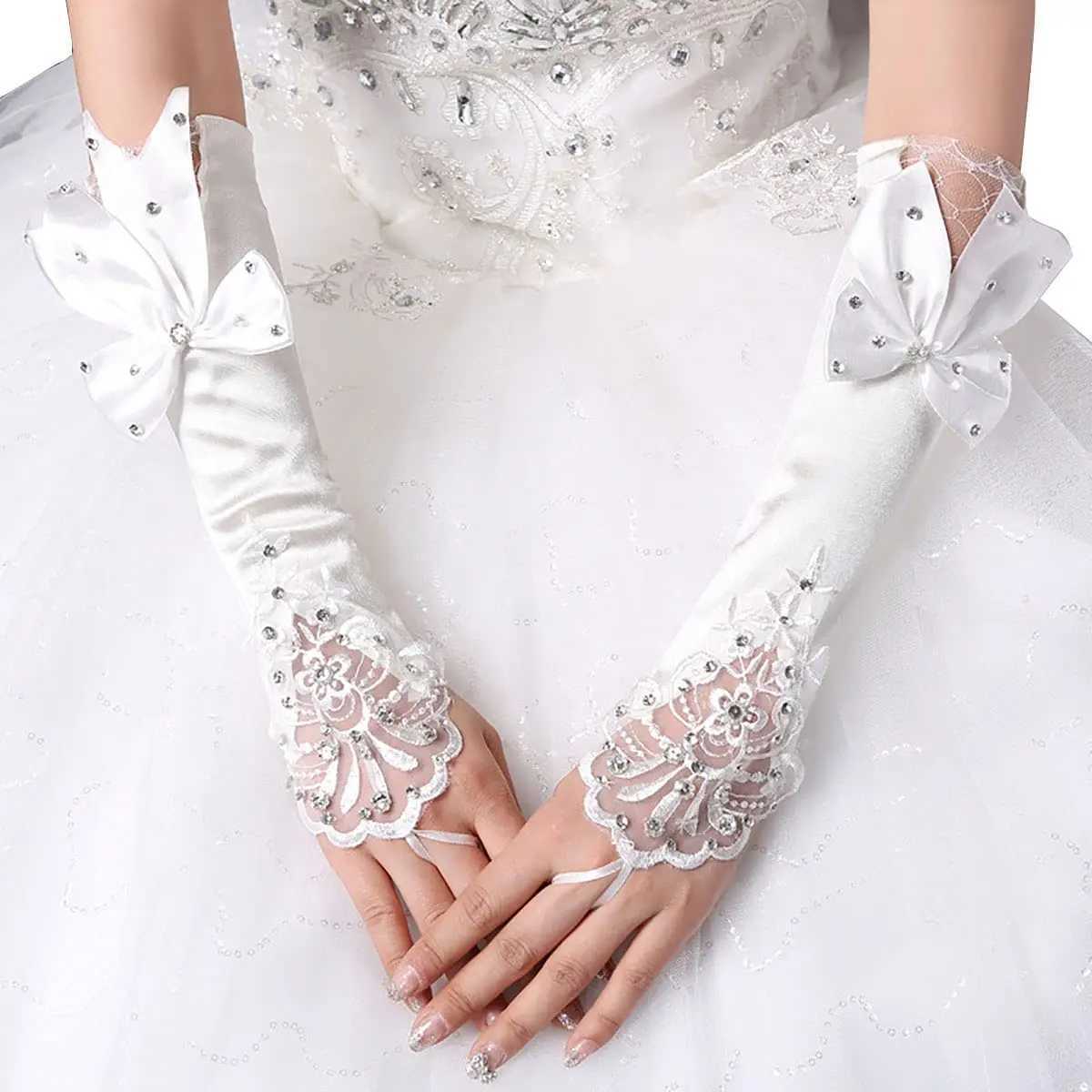 Satin Long Womens Wedding Gloves Ivory Fingerless Lace Bridal Crystal Bow Flower for Bride Rhinestone Accessory L251110