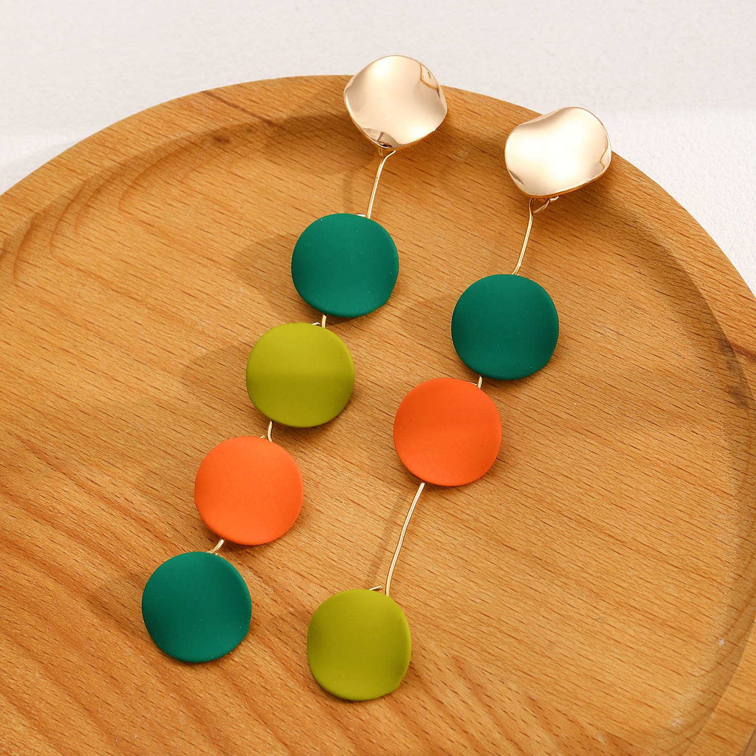 New High-End Niche Style Colorful Asymmetric Contrast Color Round Metal Long Stud Earrings for Women