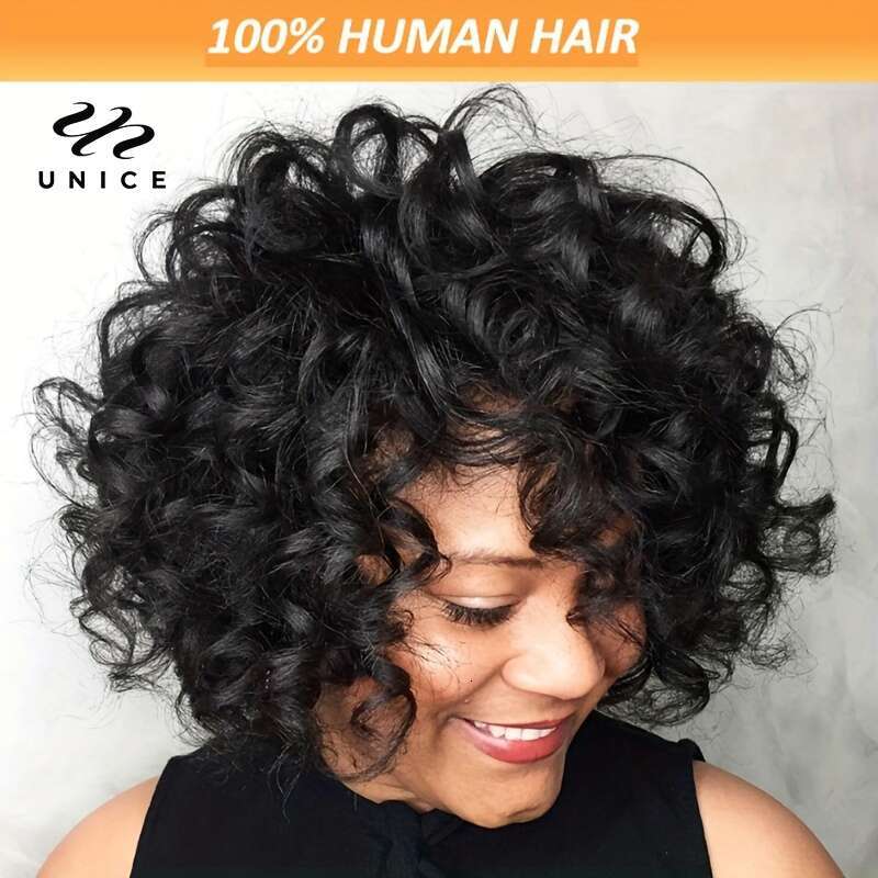 Loose Curly Pixie Cut Bob Wig With Bouncy Waves Fluffy Curls - Density Brazilian Human Hair Wigs Women Men, Natural Volume Texture, Unisex Short Hairs