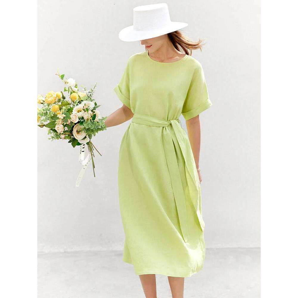 AMII Minimalist Women Dress 2023 Summer New 100% Linen Niche Fashion Artistic Temperament O-Neck Dresses Vestidos 12342278