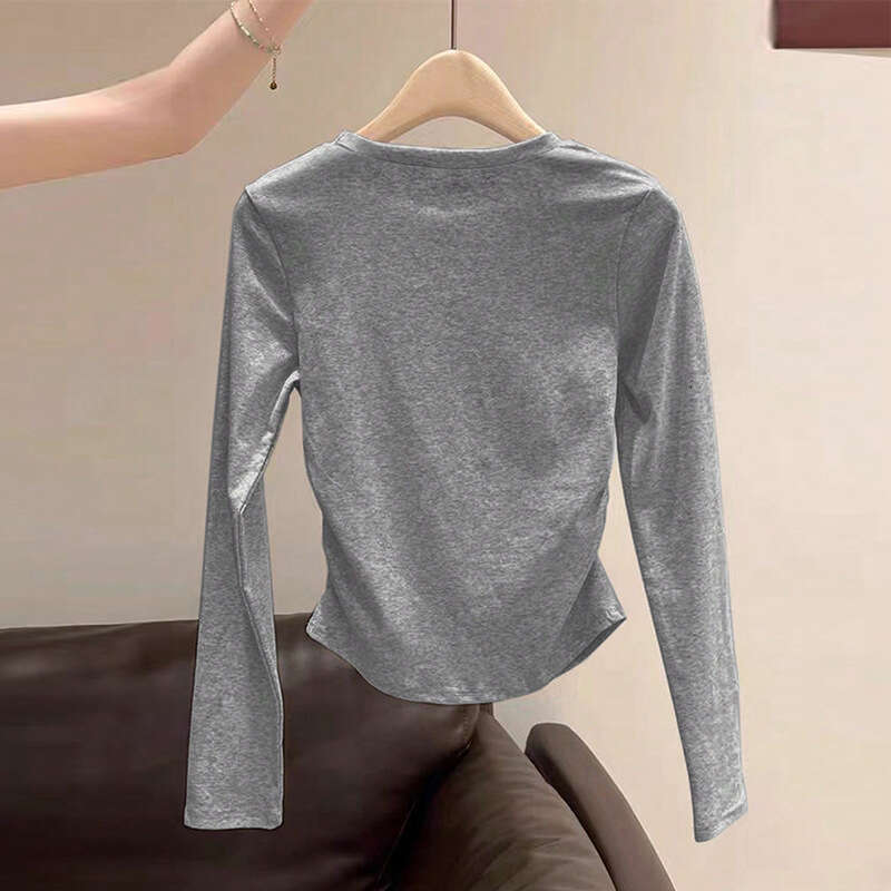 Cross-Border Amazon Foreign Trade Women's Clothing Spring Autumn European and American Solid Color Long Sleeve T-Shirt Waist Gathered Round Neck 