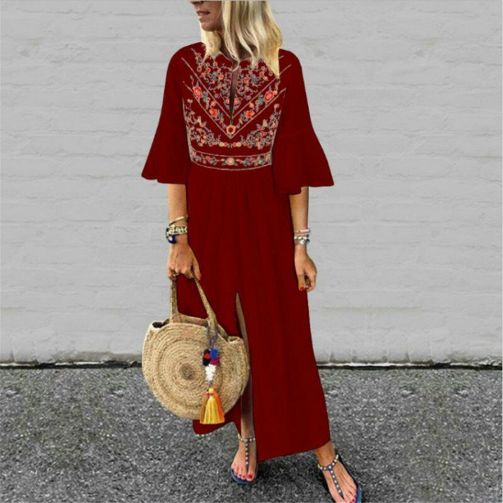 Ethnic style loose fitting casual mid sleeve printed patchwork A-line dress LQ5540