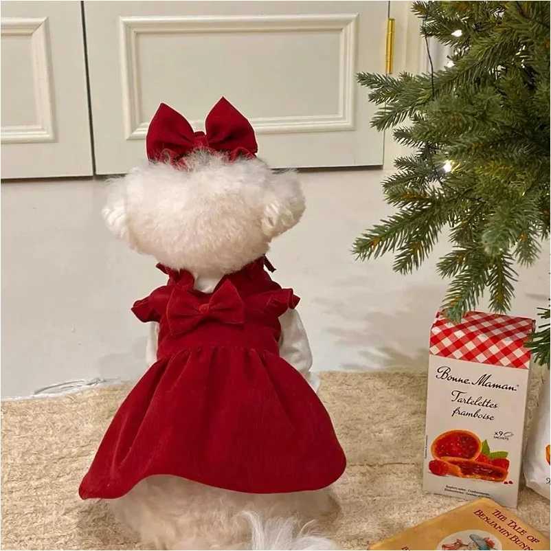 Puppy Bow Knot Dress Set Winter Warm Dog Clothes Pet Christmas Princess Dress Teddy Solid Color Skirt Send Clip J2511101