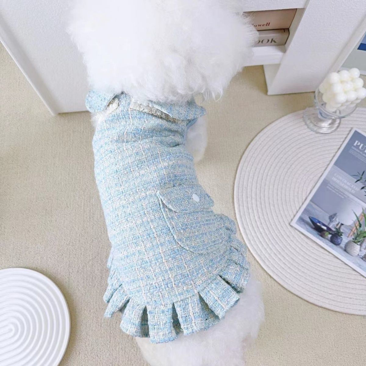 Fashion Tweed Pet Dress with Pearl Decoration, Ruffle Hem & Pocket Design, Stylish Small Dog Clothes for Bichon Poodle, High-Quality Pet Apparel for D