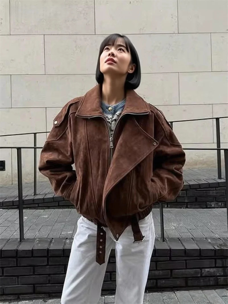Womens Belt Short Suede Jackets Loose Lapel Long Sleeve Zipper Coats 2025 Spring Lady Vintage Female Outwear Street 251107
