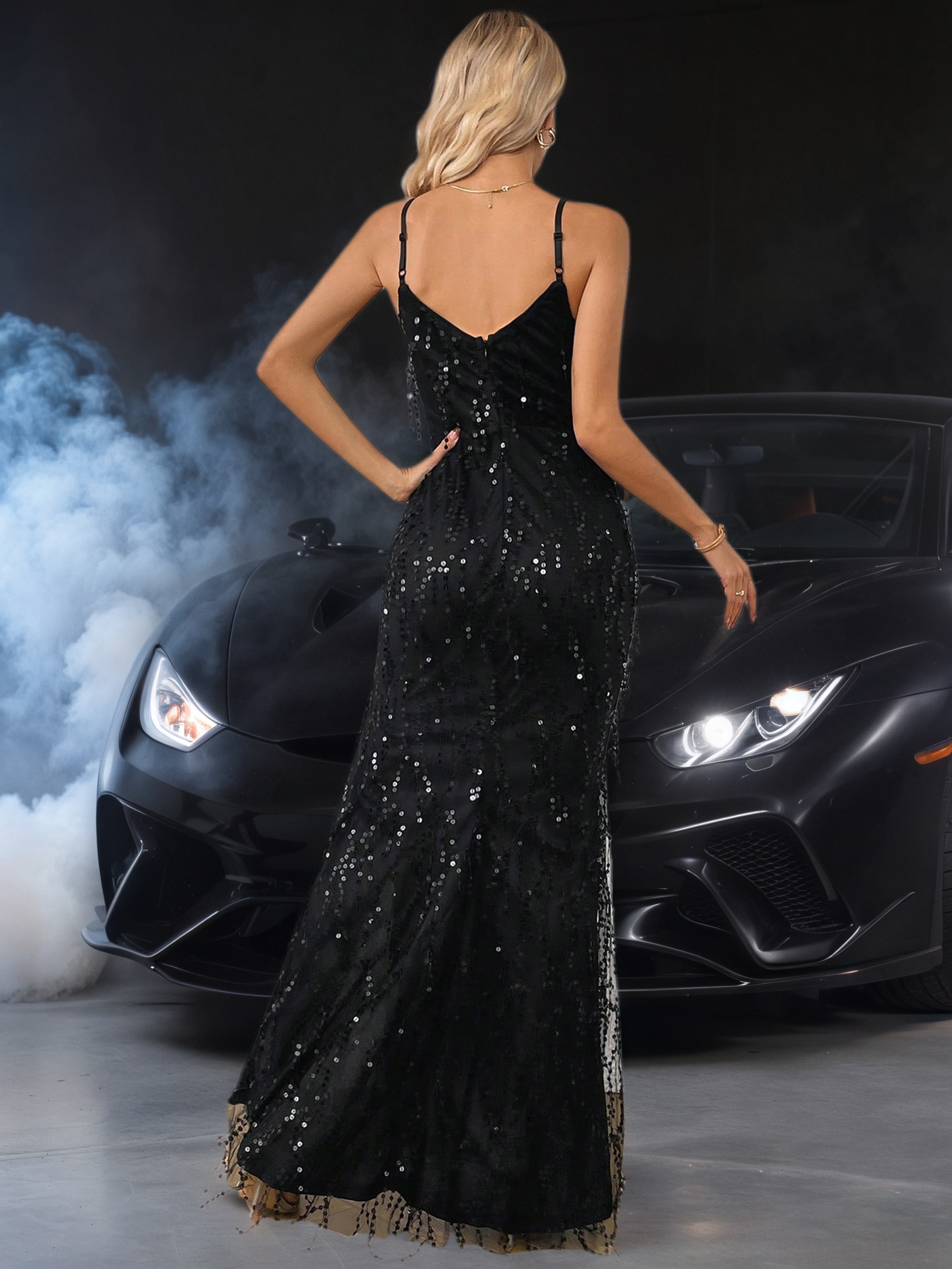 Women's Elegant Sexy Sequin Fringe Evening Gown, Deep V Neck Spaghetti Strap Side Slit Maxi Dress--D325