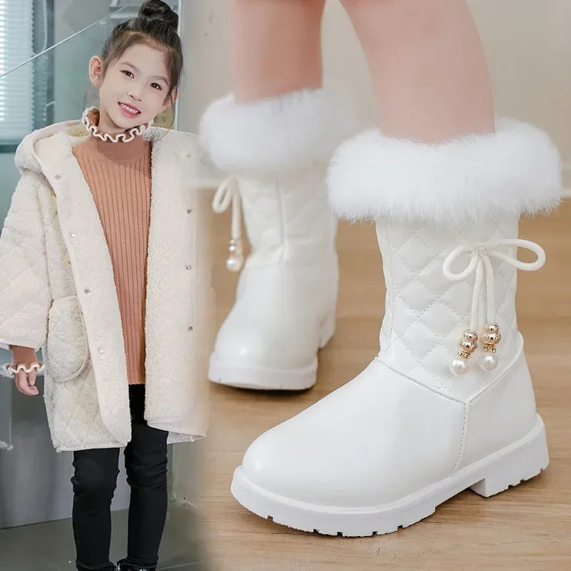 Girls Princess Boots Warm Shoes for Winter Kids Long Boots with Fur Fashion Sweet Girls Leather Snow Boots with Bow 251104