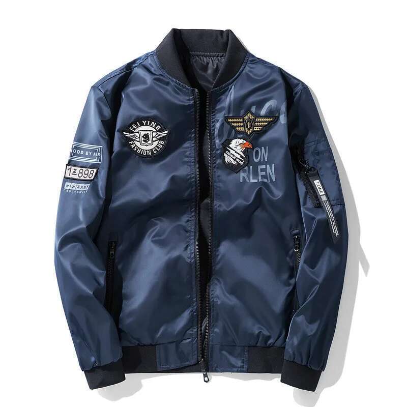 Winter Bomber Military Pilot Badge Fashion Double Side Wear Motorcycle Jacket Autumn Youth Men Clothing Pocket