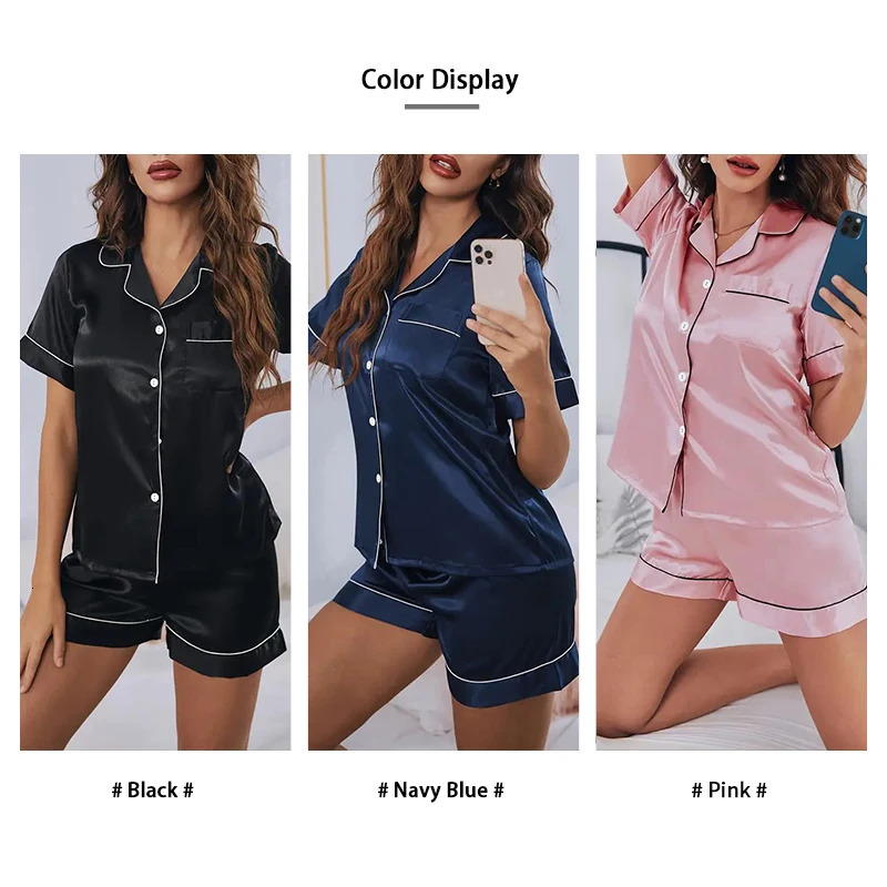 Women Silk Satin Pajamas Set Two-piece Pj Sets Sleepwear Loungewear Button-Down Pajama Women 2 Piece Pijama Homewear Shorts Set 250409