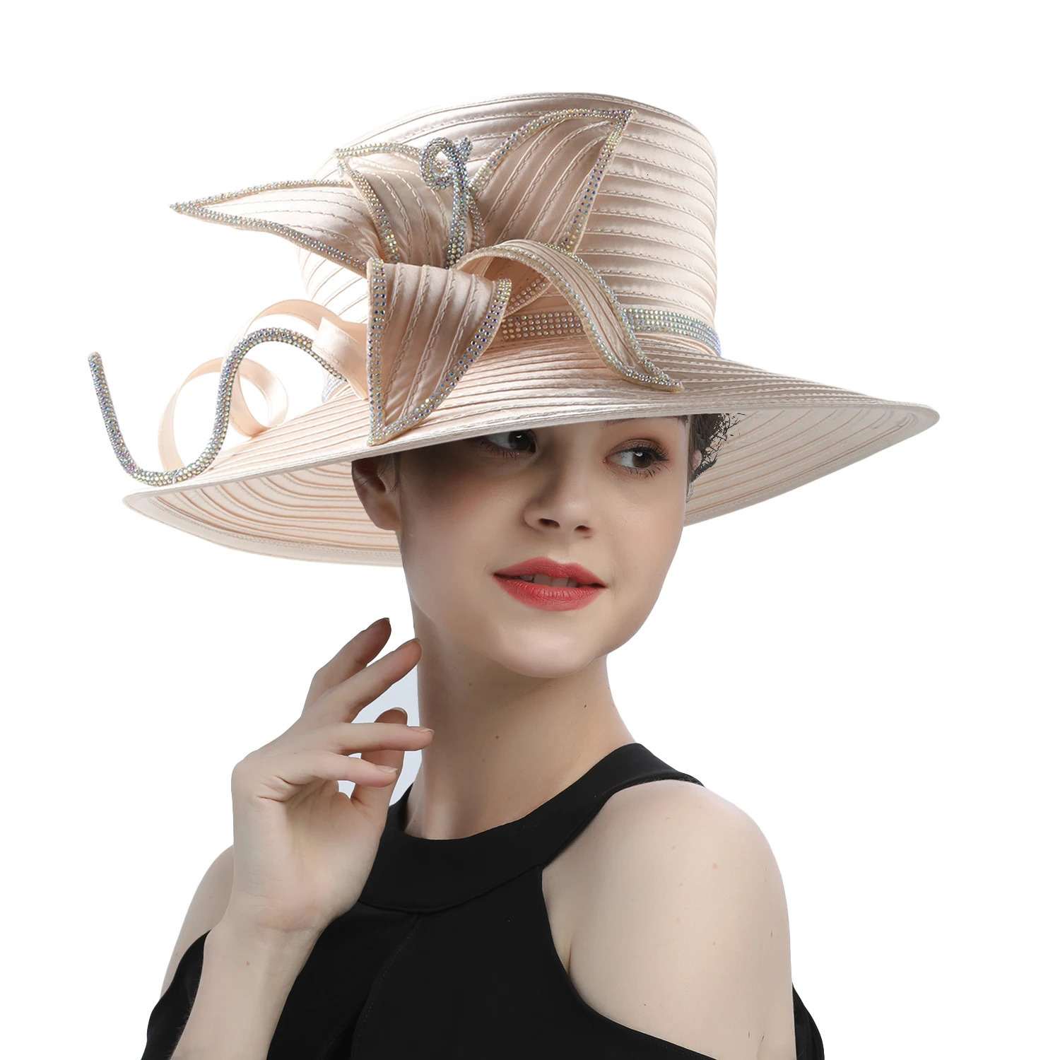 Home>Products>Floral satin fabric rhinestone church hat pography>Fashionable womens banquet 250410