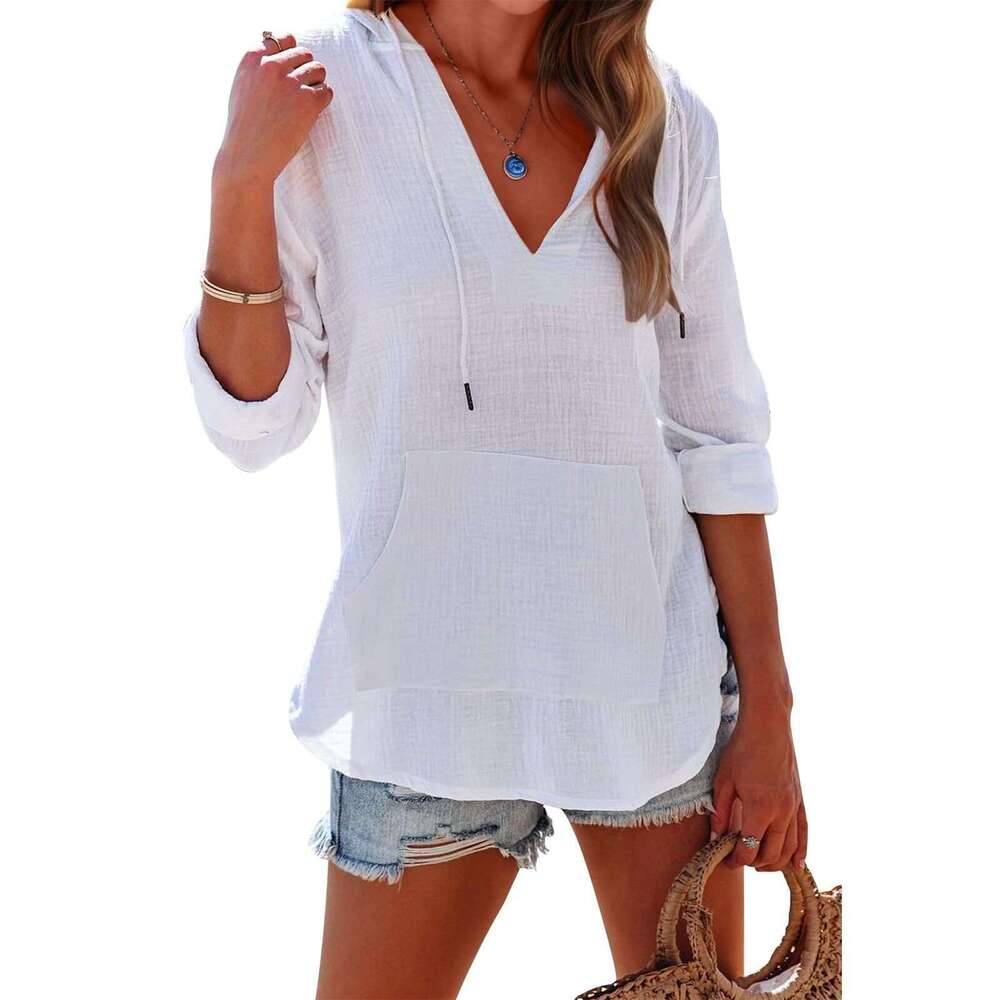 2025 Summer Amazon Beach Cover-Up Hoodie Sports Long Sleeve V-Neck Pocket Hooded Women's Shirt Top