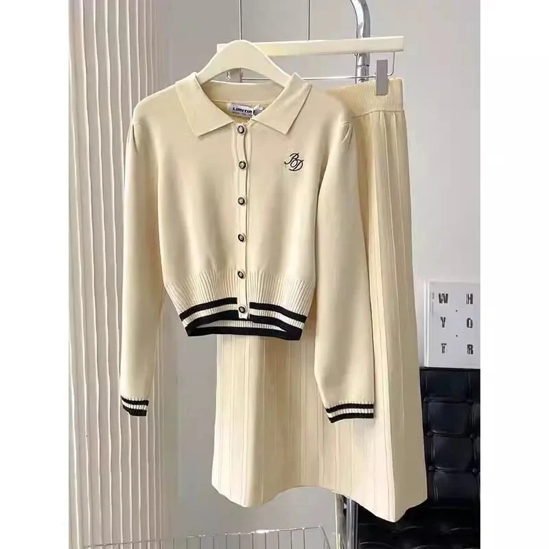 Womens Autumn Winter Clothing Suit Polo Collar ed Long Sleeved Knitted Cardigan High Waisted Half Skirt TwoPiece Set 251110
