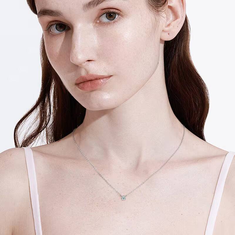 Charm Chain 925 Sterling Silver Claw Round Brilliant Lab Diamond Moissanite Choker Necklace for Women