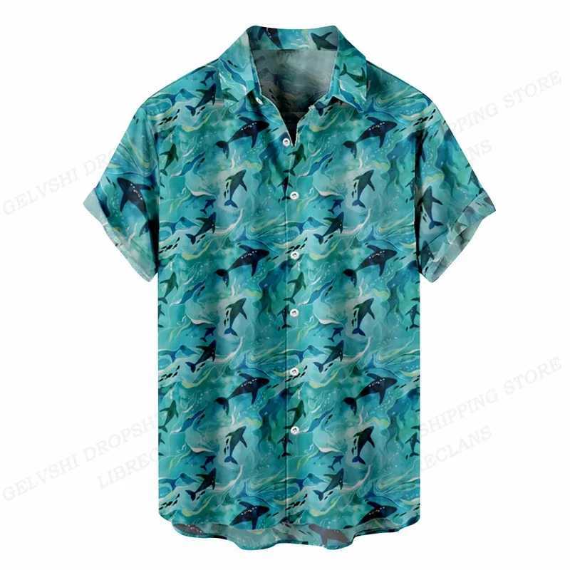 Summer Hawaiian shirt fish print shirt mens fashionable short sleeved shirt mens vocal lapel beach Camisas Sea X250410