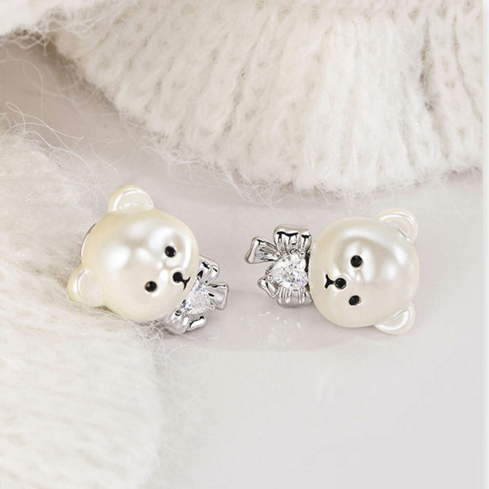 DHcollections Summer Sweet Bowknot Bear for Women Cartoon Cute Design Versatile Student 925 Silver Needle Earrings