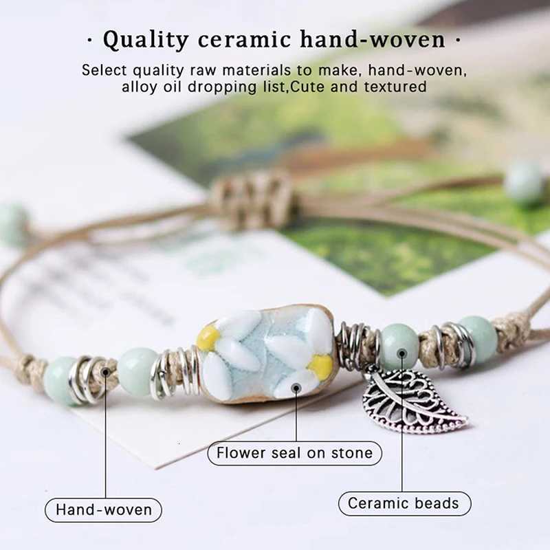 Handmade Sunflower Leaf Ceramic Bracelet Boho Adjustable Jewelry For Women Vintage Ethnic GiftT251110