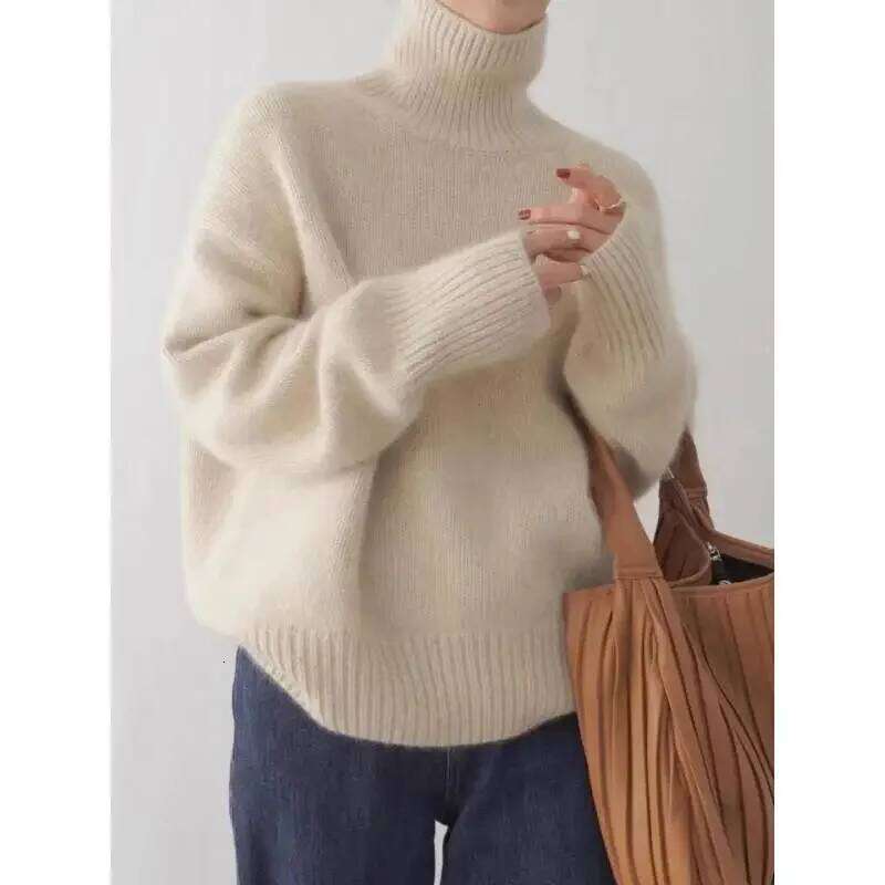 100% Wool High Neck Women's Solid Color Long Sleeved Top Autumn And Winter Fashionable Knitted Warm Pullover Sweater
