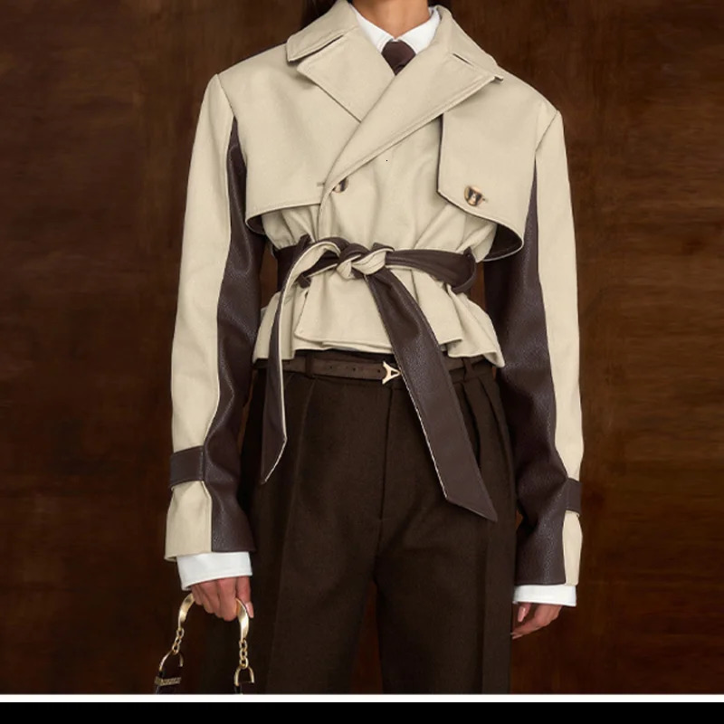 Womens Patchwork Short Leather Jacket Fashion Lapel Long Sleeve Turndown collar With Belt Coats Lady Commuter Outwear 251103