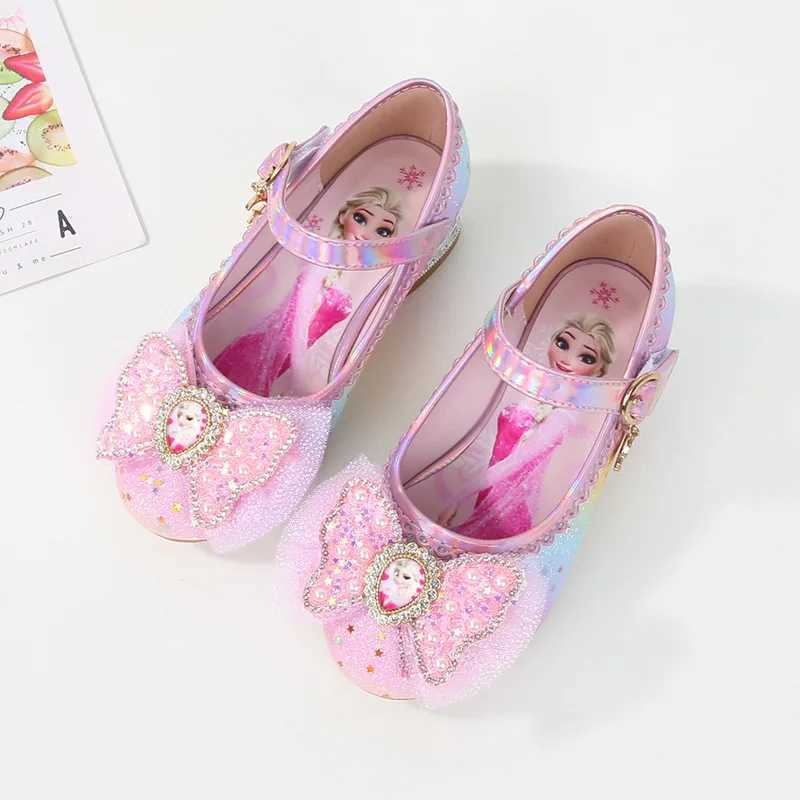 Womens tight shoes childrens high heels princess Elsa girl sparkling rainbow crystal leather pink blue shoes size 23-36 Z250410
