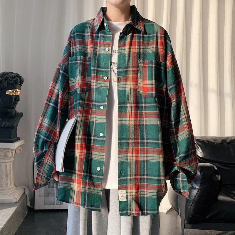 Harajuku Long Sleeve Plaid Shirts Men Big Size M-5XL Autumn Chic Loose Vintage High Street All-match Gentleman Camisa 250408