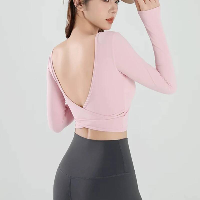 Women's Long Sleeve Yoga Cross Back Fitness Exercise Suit Fixed Chest Cushion Comfortable Sports Bra Top